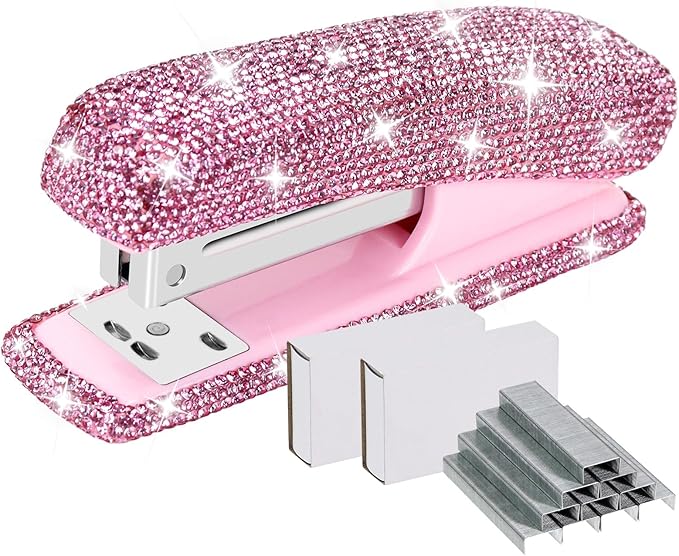 Multibey Rhinestone Stapler for Desk, Bling Crystal Handmade Stapler with 2000 Staples, Office Desktop Dazzling Staplers Rhinestone Desk Accessories for Women Office (Pure Pink