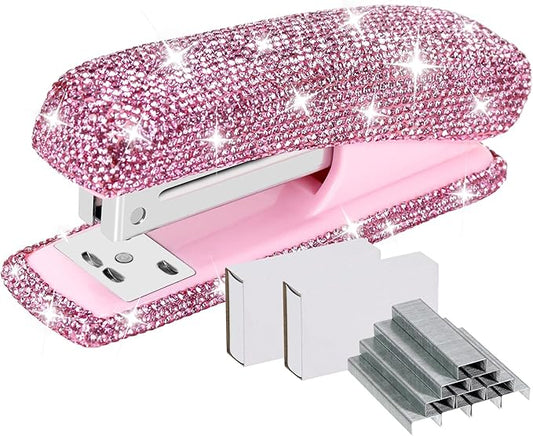 Multibey Rhinestone Stapler for Desk, Bling Crystal Handmade Stapler with 2000 Staples, Office Desktop Dazzling Staplers Rhinestone Desk Accessories for Women Office (Pure Pink