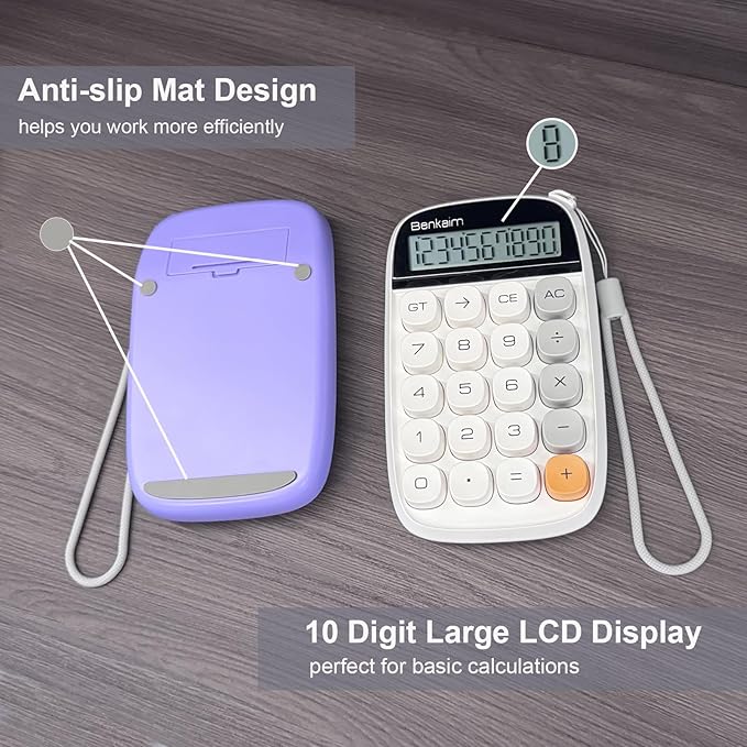 Benkaim Desktop Calculator - Basic Standard 10 Digit Large LCD Display, Cute Desk Accessory for School, Office and Business Use (White)