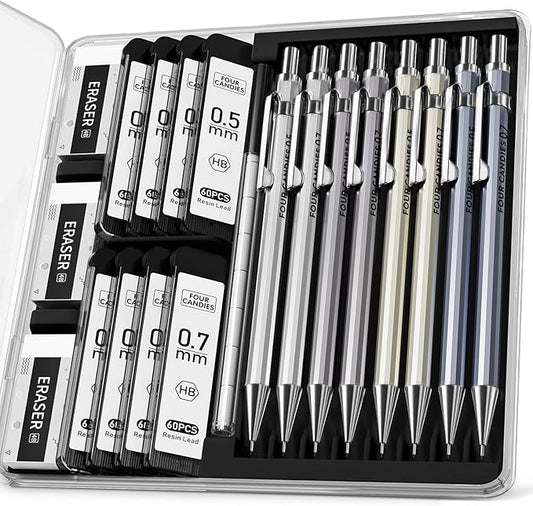 Four Candies 8PCS Metal Mechanical Pencils - 0.5 & 0.7mm with 8 Tubes HB #2 Lead Refills, Eraser Set and Eraser Refills, 20-Count Pack with Case, Lead Pencils Mechanical for Writing, Drawing, Drafting