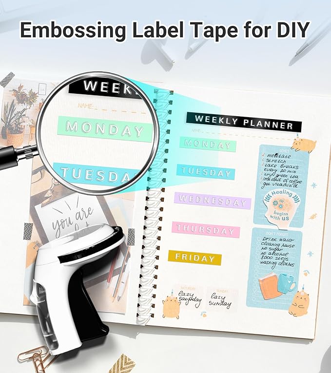 Embossing Label Maker Machine with Tapes, Vintage Embossed Label Maker Manual, Retro 3D Black Emboss Labeler with 10 Rolls 9mm Macaroon Embossing Label Tapes for Home Scrapbooking Supplies, DIY Craft