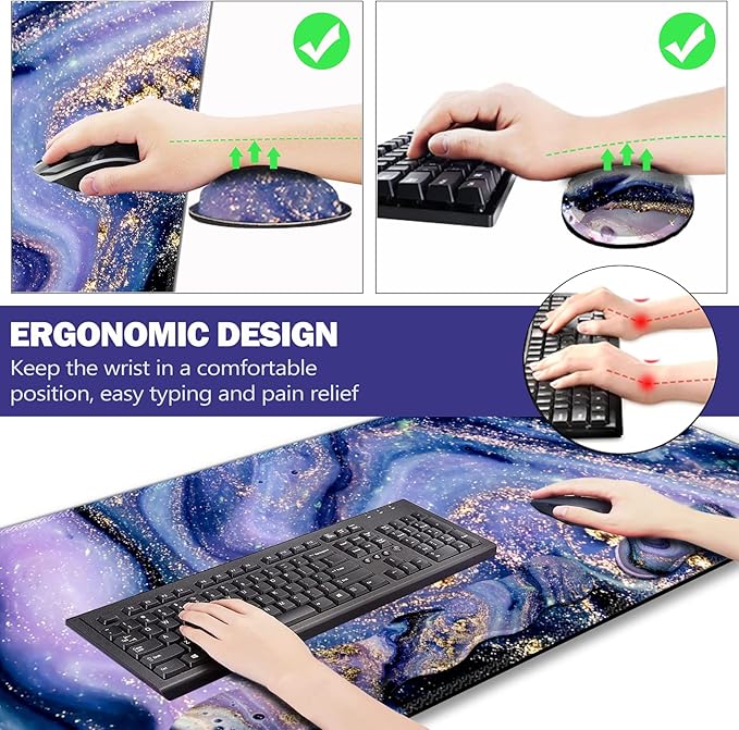 Upgraded Extended Gaming Mouse Pad, Keyboard Wrist Rest Pad, Wrist Support Mousepad Set, Artso Large Stable Rubber Base Stitched Edge Desk Pad (35 x15.5 in) for Work, Office, Home, Purple Marble