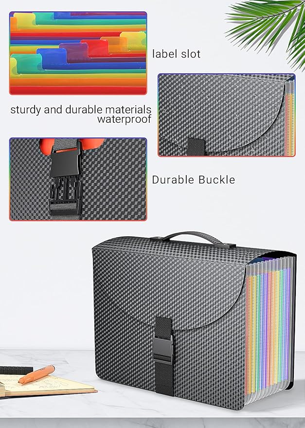 Accordion File Organizer,Expanding File Folders with Handle,13 Pockets Expandable File Box Portable Filing Folder,Adjustable Support Strap,Colored Tabs.Papers Bills Documents Organizer,A4/Letter Size