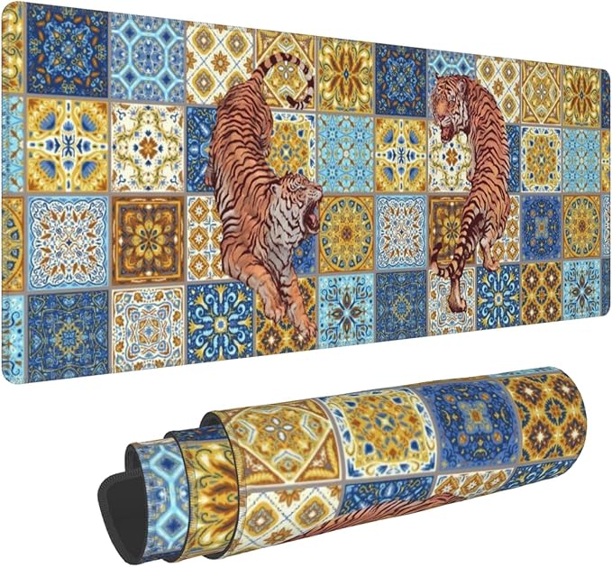 Mexican Tile Tiger Large Mouse Pad, Vintage Aesthetic Gaming Desk Mat, XL Keyboard Desk Pad Mat for Desktop, 31.5"x11.8" Non-Slip Base Big Mousepad with Stitched Edges