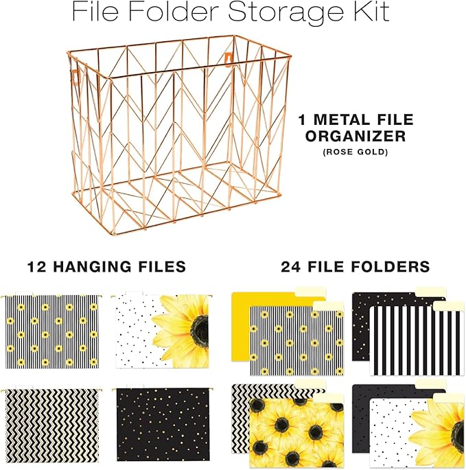 Global Printed Products Deluxe Designer Hanging File Folder Kit, Includes Metal Hanging Basket, 12 Hanging Folders, 24 File Folders, 1/3 Cut Tab, Assorted Positions, Letter Size (Sunflower)