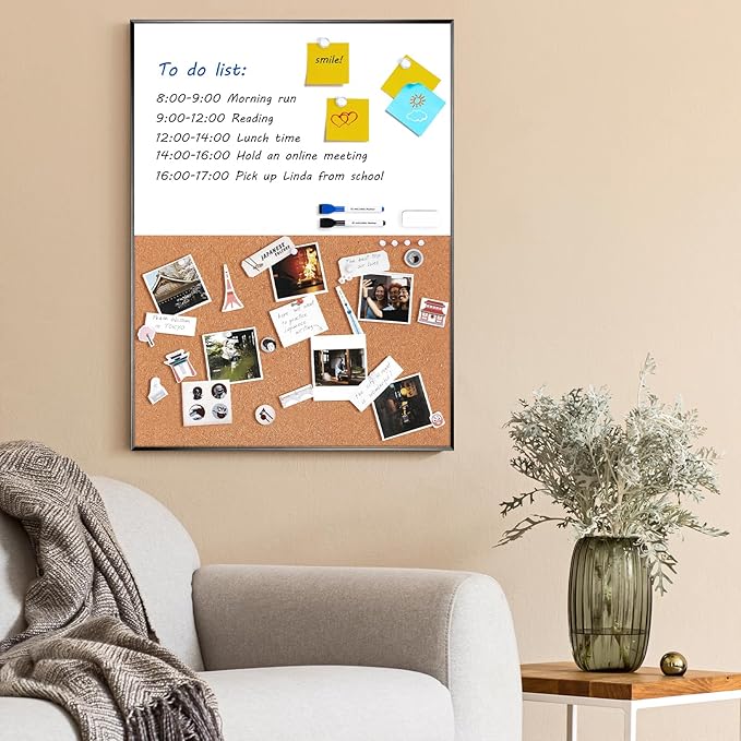 ARCOBIS Cork Board White Board Combo, 24 x 18 Inch Bulletin Board, Magnetic Dry Erase Board & Corkboard for Wall, Vision Board for Home, Office, School, Black Frame