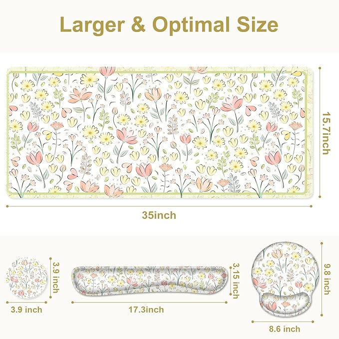 Desk Mat, 4in1 Large Mouse Pad with Wrist Rest, Cute Desk Matt for Desktop, Desk Pad Mat, Anti-Slip XXL Computer Ergonomic Mousepad with Wrist Support for Keyboard and Mouse I Nice Yellow Flowers