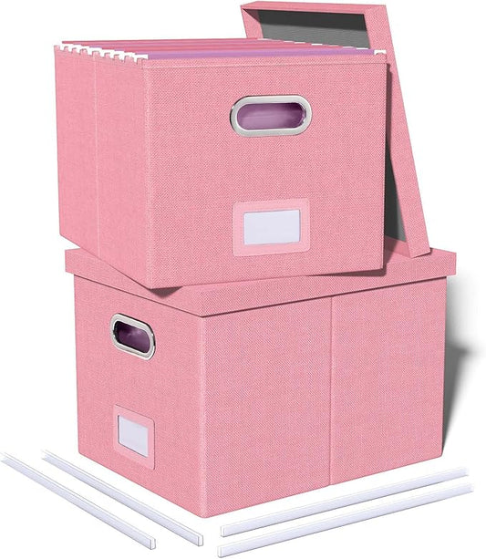 2 Pack File Storage Organizer, Filing Box, Portable File Box with Lid, Fit for Letter/Legal File Folder Storage, document organizer, New-pink