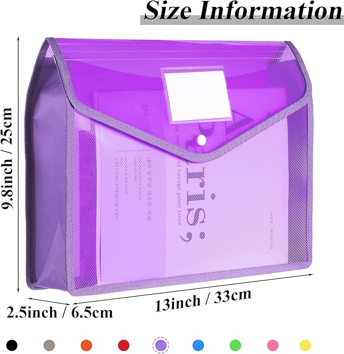 10 Pieces Plastic File Folders Envelope Expanding File Wallet Organizer Documents Folder with Snap Closure and Pocket, A4 Size Waterproof Transparent Pouch(Multicolor,Horizontal)