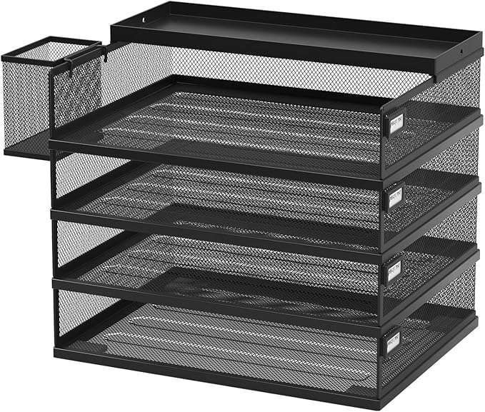 Metal Stackable Letter Trays, 4-Tier Desk Organizer & Paper Trays for Office, Stackable File & Document Tray with Magnetic Labels,Black
