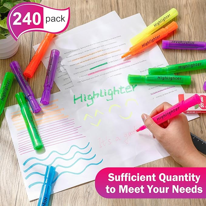 Teling 240 Pcs Highlighters Bulk Chisel Tip Tank Style Highlighters for School Classroom Assorted Color Fluorescent Pens for Office Shop