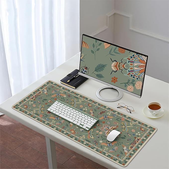 HAOCOO Keyboard Mat, Green Desk Mat for Keyboard and Mouse, Floral Desk Mat with Non-Slip Rubber Base, Computer Mats for Desktop, Large Waterproof Mouse Pad for Desk, Gaming & Office