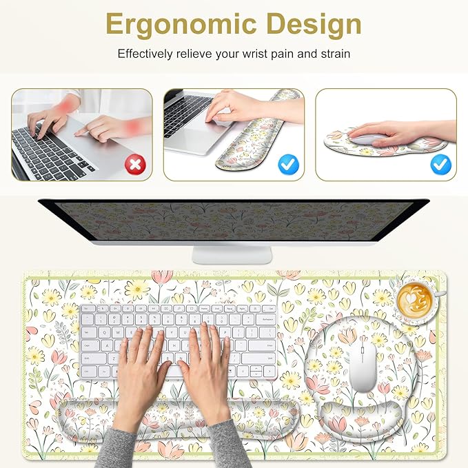 Desk Mat, 4in1 Large Mouse Pad with Wrist Rest, Cute Desk Matt for Desktop, Desk Pad Mat, Anti-Slip XXL Computer Ergonomic Mousepad with Wrist Support for Keyboard and Mouse I Nice Yellow Flowers