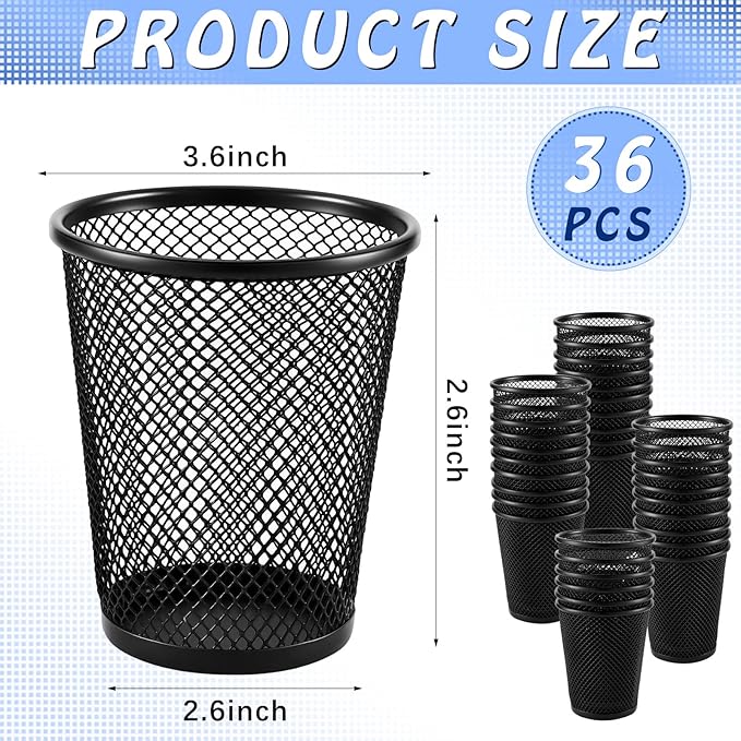 Henoyso 36 Pack Mesh Pencil Holder Wire Mesh Pen Cup Black Pen Holder for Desk Metal Pen Organizer Pencil Cup Marker Holder Makeup Brush Holders for Home Office Supplies Accessories
