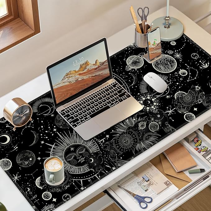 Gaming Mouse Pad Keyboard Wrist Support, 4 in1 Mousepad Set with Wrist Keyboard Rest, Computer Desk Mat, Non-Slip Desk Pad Protector with Memory Foam Easy Typing Pain Relief I Moon Sun Cosmic