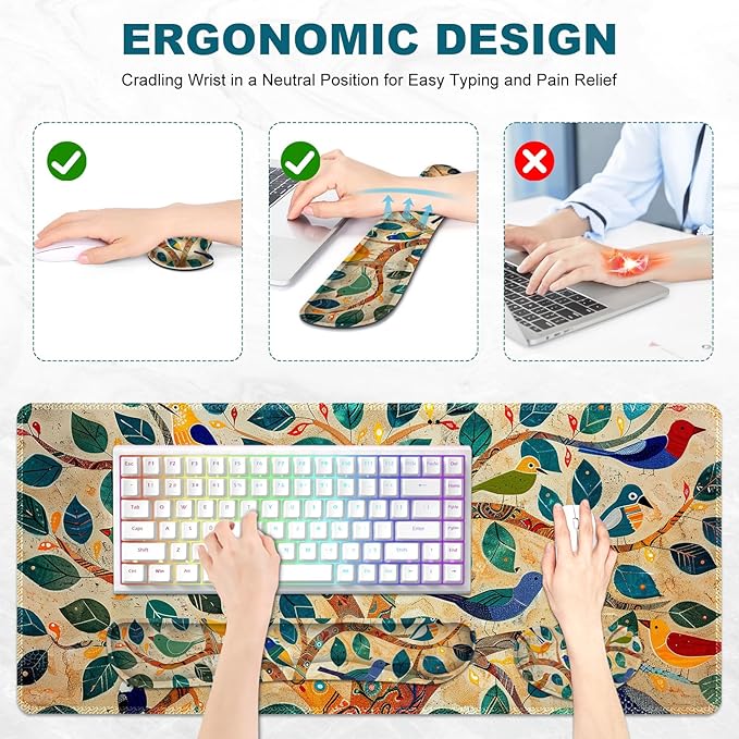 Large Desk Mat Set, Extended Gaming Mouse Pad with Wrist Rest, 4 in 1 Ergonomic Mouse Pad with Wrist Rest Keyboard Mat Combo for Home Office, Colorful Tree Bird