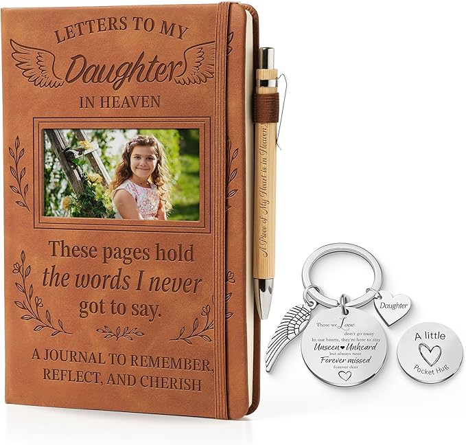 Letters to My Daughter in Heaven Leather Journal with Photo Slot, Sympathy Gift for Loss of Daughter, Memorial Notebook with Pen & Keychain, Bereavement Gift for Grieving Parents