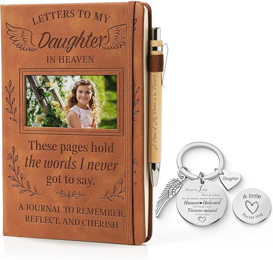 Letters to My Daughter in Heaven Leather Journal with Photo Slot, Sympathy Gift for Loss of Daughter, Memorial Notebook with Pen & Keychain, Bereavement Gift for Grieving Parents