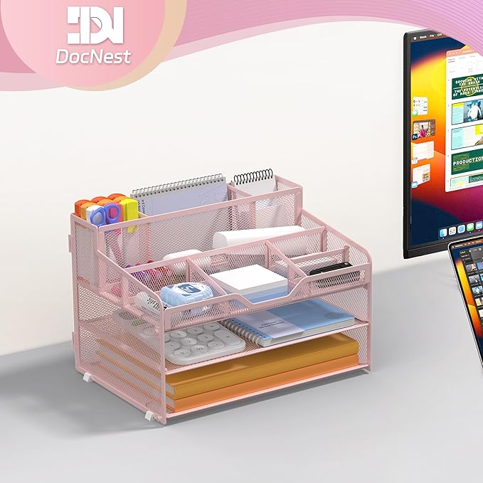 Docnest 3 Tier Mesh Desk Organizer for Paper Office Supplies – Multi-Functional Letter Tray with 5 Adjustable Compartments, 3 Pen Holders, Desktop Storage for Files, Mail, Stationery – Pink
