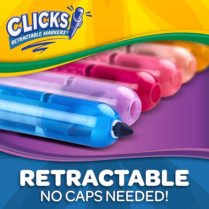 Crayola Clicks Retractable Markers - Bold (10ct), No Dry Washable Markers for Kids, Click Markers for School, Must Have Coloring Supplies, Gifts