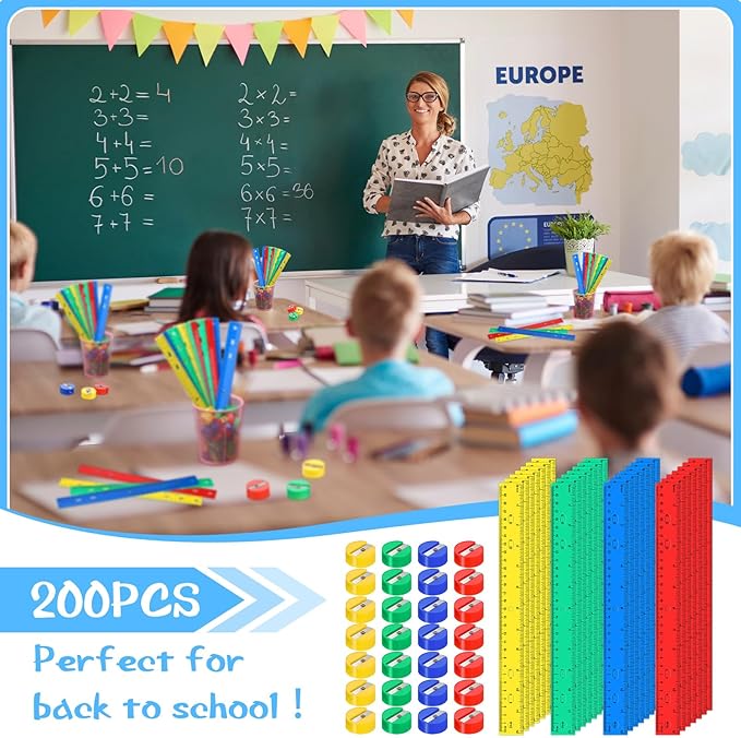 100 Pcs Plastic Rulers and 100 Pcs Mini Round Manual Pencil Sharpener Bulk, 4 Assorted Colors Pocket Sized Pencil Sharpeners Colorful Straight Ruler Back to School Supplies for Kids (Fresh,12 Inch)