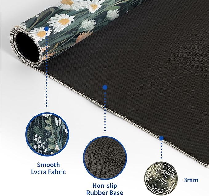 Flower Mouse Pad Abstract Black Mouse Pad 31.5x11.8 Inch Floral Texture Non-Slip Rubber Base Large Weeds Mousepad Stitched Edges Keyboard Mouse Mat Desk Pad for Office and Home