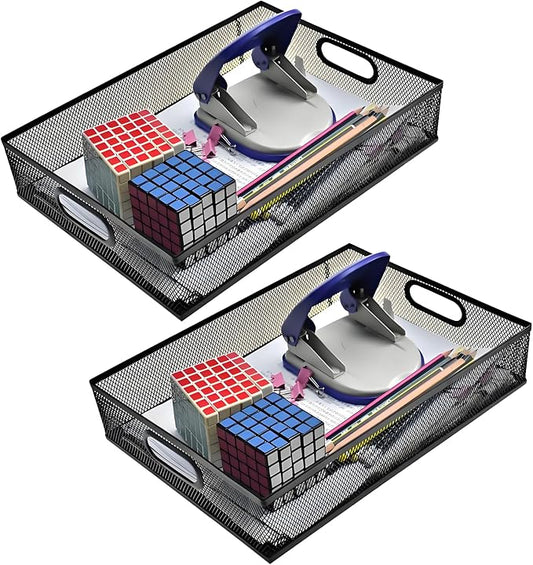2 Pcs Heavy-Duty Metal Mesh Desk Organizer Tray, A4 Large Office Storage Box Set, 12.6X 9.1 x 2.8Inches, Large Capacity for Home and Office Supplies