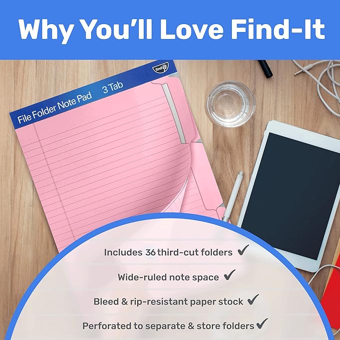 Find It File Folder Notepad - Pack of 36-9.5 x 12.5 Inch Notebook Organizer Folders for Filing, Document, and Clipboard Organization - Pink