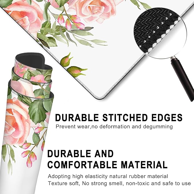 Gaming Mouse Pad, Watercolor Rose Flower Floral Large Desk Mat for Keyboard and Mouse,Non-Slip Rubber Base and Stitched Edges Desk Pad for Home Office 35.4x15.7in