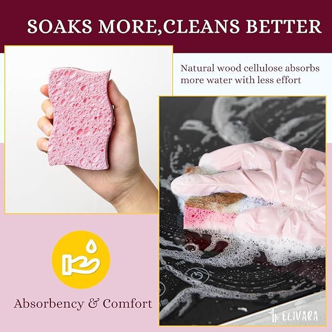 ELIVARA Kitchen Sponges – 12 Pack – Non-Scratch Dual-Sided Cellulose Scrub Sponges for Dishes, Pots, and Pans – Durable, Absorbent, and Reusable (Brown/Pink)