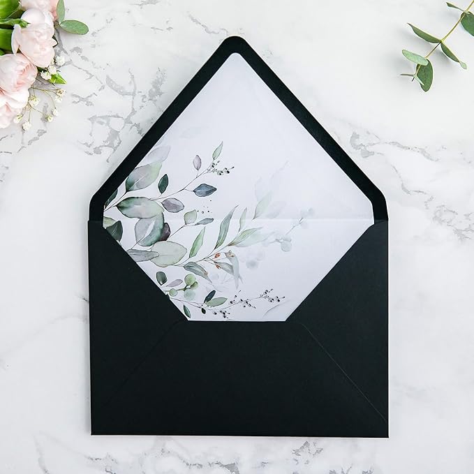 PONATIA 50 PCS A7 Euro Flap Black Envelopes, 5.25 x 7.25'' Green Liner Envelopes for 5x7 Wedding Invitations, Photos, Postcards, Greeting Cards, Christmas Gift Cards, Acrylic Mailing