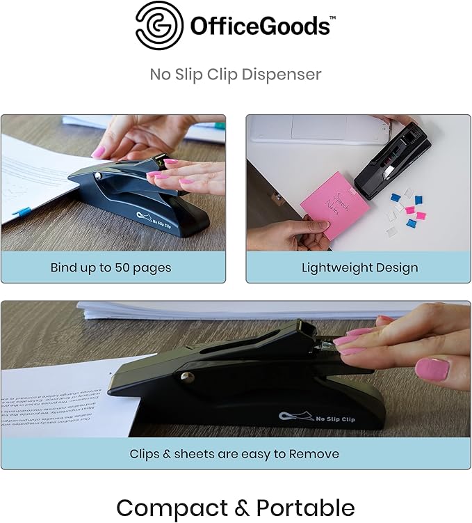 OfficeGoods Staple Free Stapler - No Slip Clip Reusable Paper Fastener for Documents - Securely Binds 50 Pages - Eco-Friendly Binder Solution