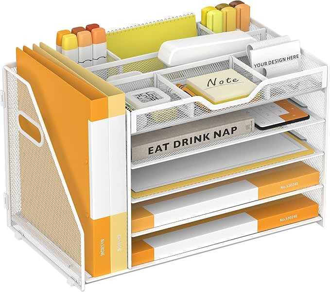 5 Tier Paper Letter Tray with File Holder and 3 Drop-in Pen Holders, Mesh Desk File Organizer with Handle, Desk Organizers and Accessories for School,Home, Office Supplies Storage-White