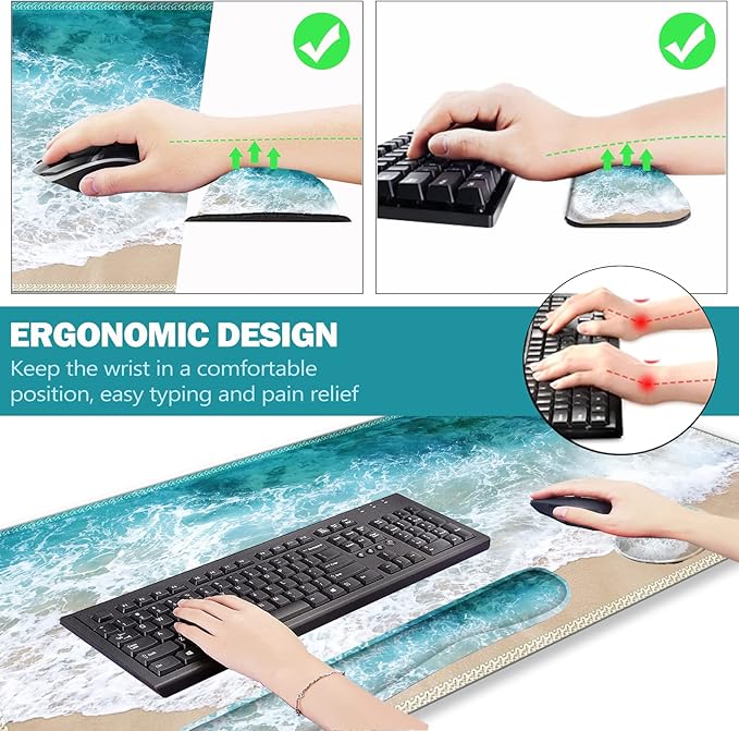 ARTSO Extended Gaming Mouse Pad Set, Keyboard Wrist Rest Support Pad + Wrist Cushion + XXL Large Mouse Pad + Coaster, Stitched Edge, Non-Slip, Memory Foam Desk Mat, Beach Waves