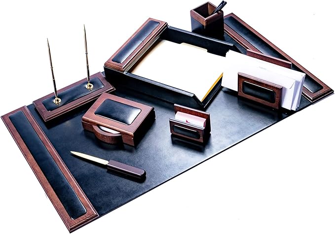 Dacasso Wood & Leather Desk Set - Luxury Leather Desk Pad & Desk Organization Essentials - Office Organization & Executive Desk Decor - (Walnut and Black, 8 Piece)