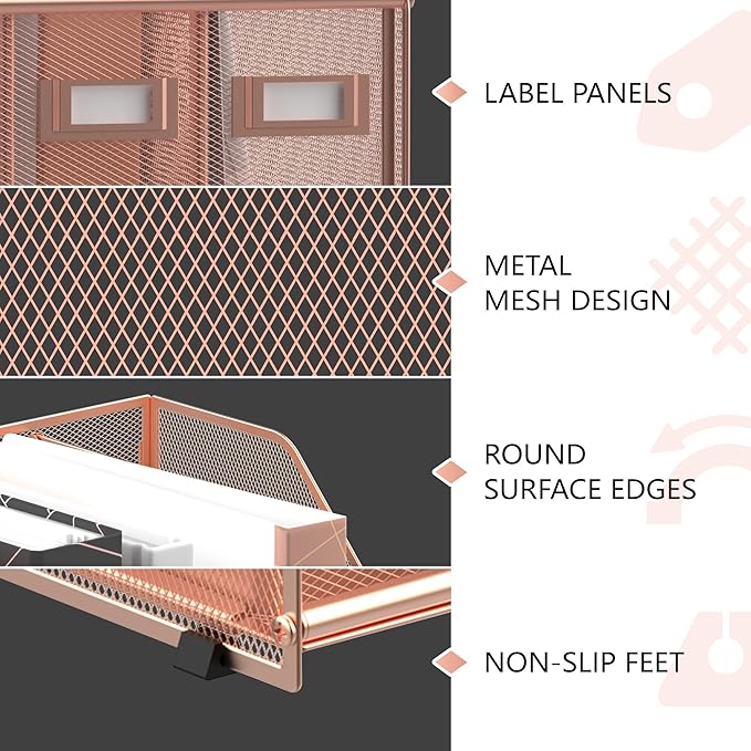 DALTACK Desk Organizers Metal Magazine File Holder with 5 Vertical Compartments Folder Storage Binder Organizer for Office Home School Organization, Rose Gold, Plus