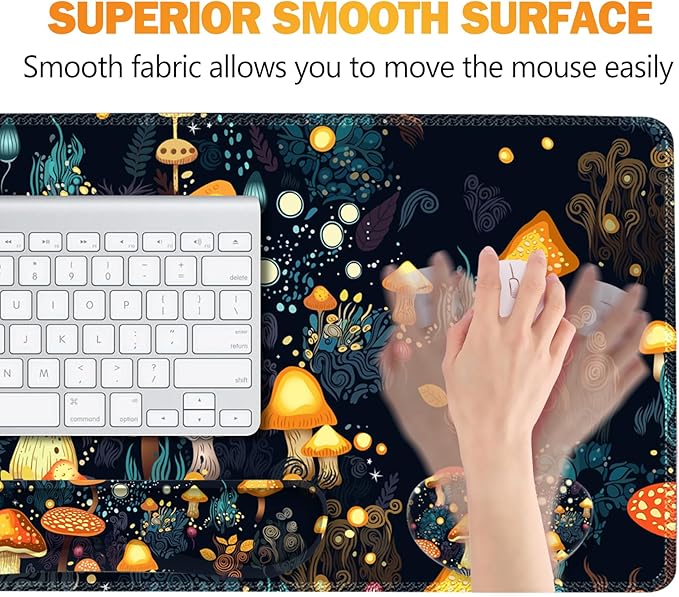ARTSO Large Gaming Mouse Pad, Keyboard Wrist Rest Pad & Wrist Support Mousepad Set, Stitched Edge, Extended, Non-Slip Base, Memory Foam Desk Mat for Office, Home, Cute Mushrooms