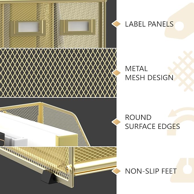 DALTACK Desk Organizers Metal Magazine File Holder with 5 Vertical Compartments Folder Storage Binder Organizer for Office Home School Organization, Gold Plus
