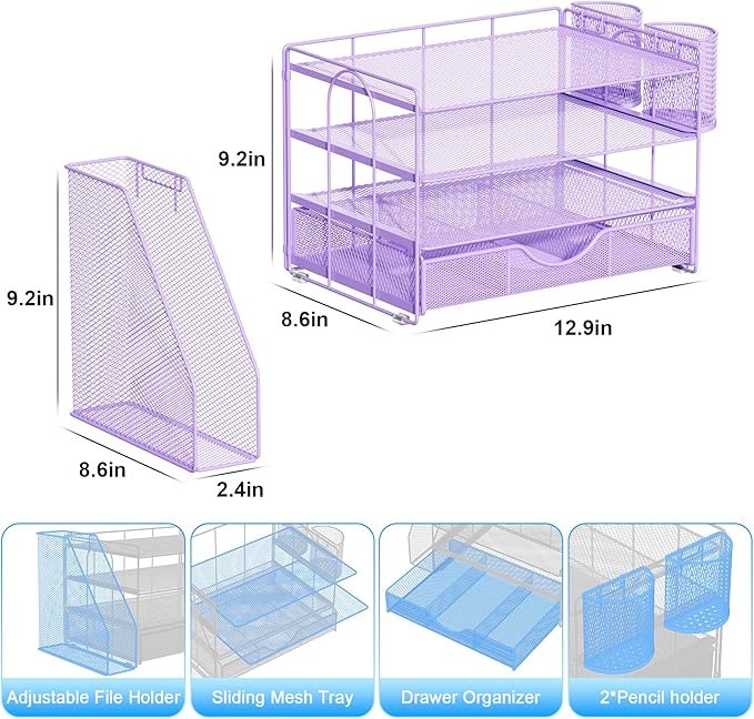 gianotter Desk Organizers and Accessories with File Holder, 4-Tier Desk Accessories & Workspace Organizers with Drawer and 2 Pen Holder, Paper Organizer for Office Supplies (Purple)