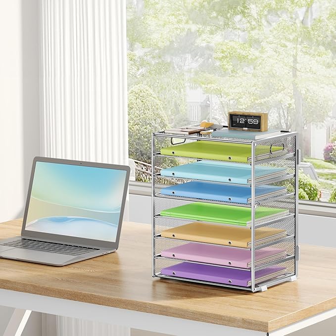 Paper Organizer with Handle 8 Tier Metal Mesh Desk File Organizer Large Capacity Desk Organizers Paper Letter Tray Desktop Document Sorter for Office, Home or School 2 Pack Silver