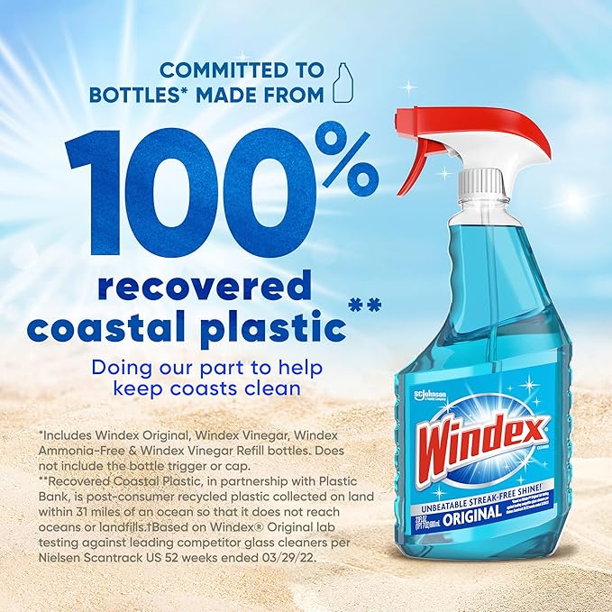 Windex Glass and Window Cleaner Spray Bottle, Bottle Made from 100% Recycled Plastic, Surface Cleaning Spray, Original Blue Scent, 32 Fl Oz