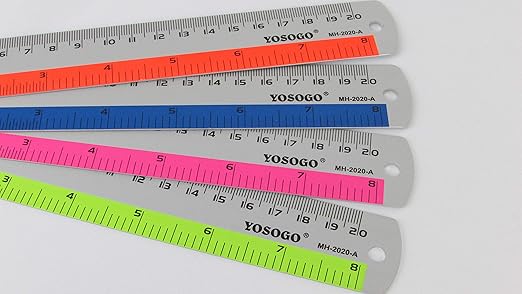 8 Inch / 20 cm Assorted Color Aluminum Ruler in Inch and CM Scale with Hanging Hole | Pack of 6
