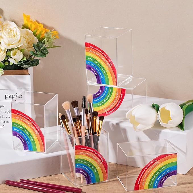 Sherr 5 Pcs Pencil Shaped Pen Holders, Acrylic Pencil Organizer Cups, Cute Creative Stationery Storage, Appreciation Gifts for Teacher Student School Classroom Office Home Desktop Supplies (Rainbow)