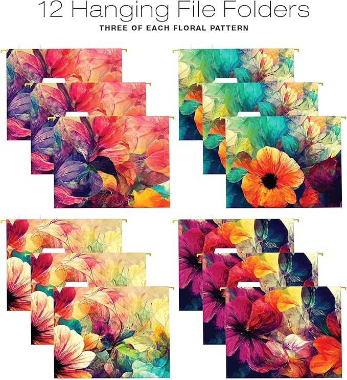 Global Printed Products Deluxe Designer Hanging File Folder Kit, Includes Metal Hanging Basket, 12 Hanging Folders, 24 File Folders, 1/3 Cut Tab, Assorted Positions, Letter Size (Abstract Floral)