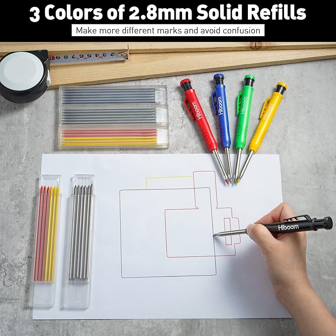 Hiboom 5 Pcs Mechanical Carpenter Pencil, 30 Pcs Refills Needle Nose Tip Hole Marker with Built in Sharpener, Scribe Making Tools for Woodworking, Design Patent (Yellow, Red, Green, Blue, Black)