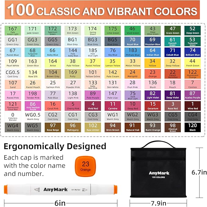 AnyMark Alcohol Markers, 100 Colors Dual Tip Art Coloring Markers Set for Kids Adult Book Drawing Sketching Painting, Chisel & Fine, White Penholder