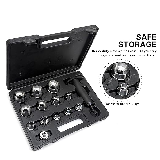 NEIKO 02604A Hole Punch Set | SAE & Metric, 3/16” – 1-3/8” & 5 – 35mm | 14 Piece Sharp Hollow Hole Punch Kit, Gasket Cutting Puncher, Foam Cutter, & Leather Hole Punches | 6” Interchangeable
