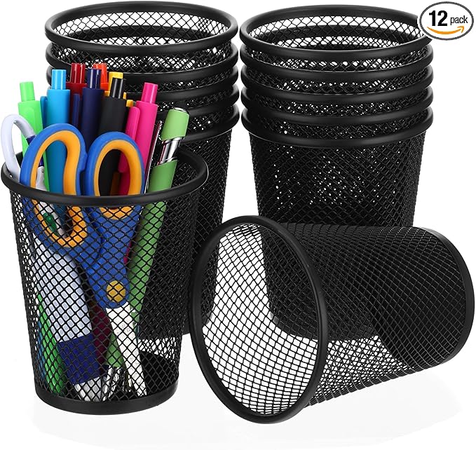 12 Pack Metal Mesh Pen Holder, Black Round Pencil Cup Organizer for Desk, Office, Classroom, 2.6"x3.5"x4.2" Size
