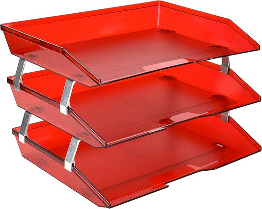 Acrimet Facility 3 Tier Letter Tray, Side Load, Letter Size/A4, Desktop File Organizer, Plastic (Clear Red Color)