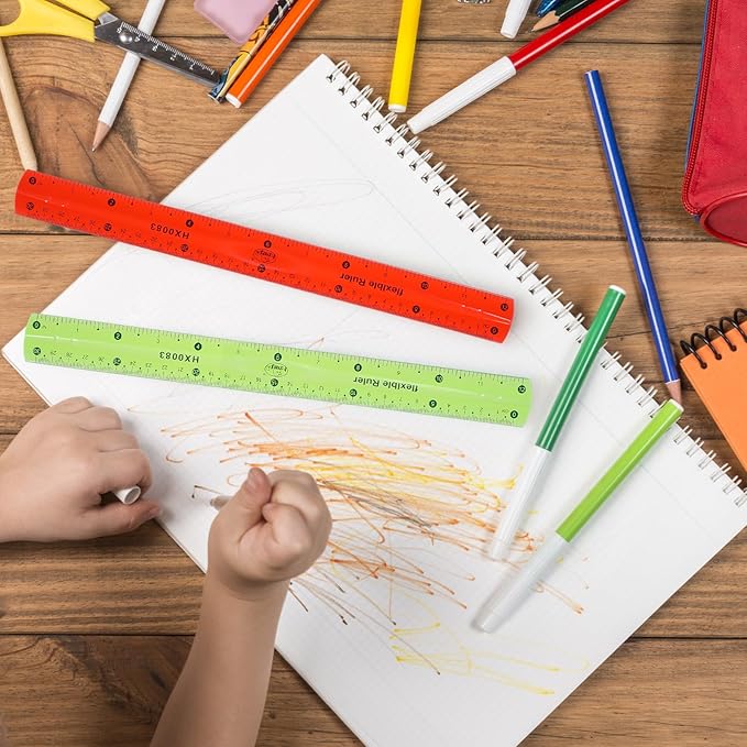 2 Pcs Flexible Ruler Set, 12 Inch Plastic Ruler Red and Green Bendable Measuring Tool for Office Home Drafting Tools